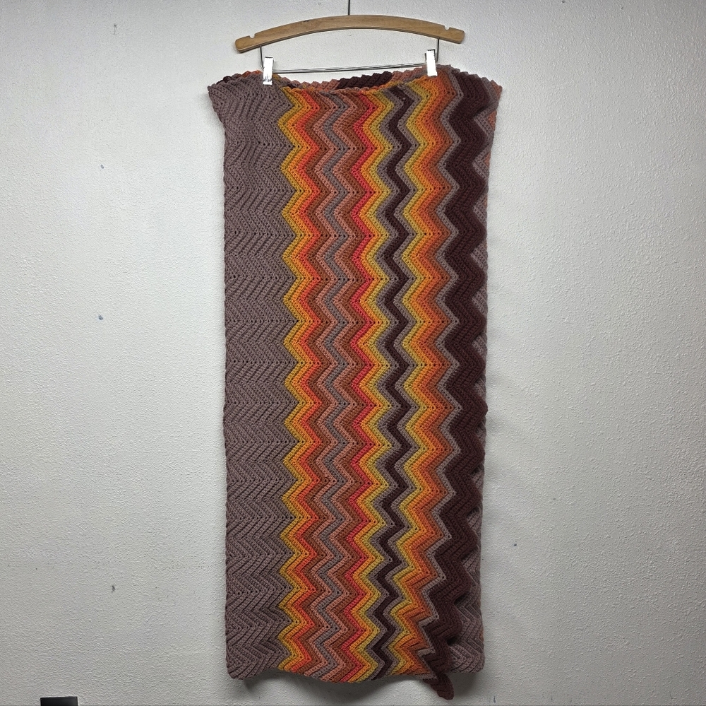 Hand Crafted Crochet Multicolor Chevron Pattern Throw Blanket - Picture 3 of 3